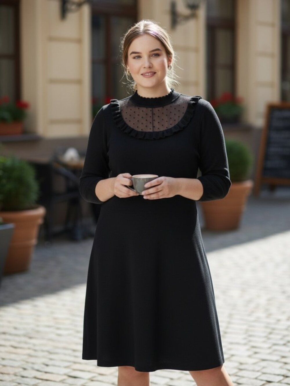 Draper James Black A-Line Midi Dress with Sheer Polka Dot Yoke
